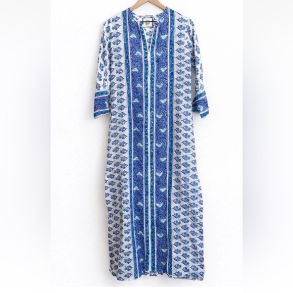 Alicia Bell Dresses & Skirts - Alicia Bell Kaftan Style Dress Womens XS Silk Cotton Blue Block Print Boho